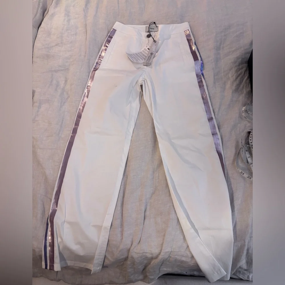 Stylish Y2K-inspired white pants accented with pink purple reflecting stripes - Picture 3 of 8